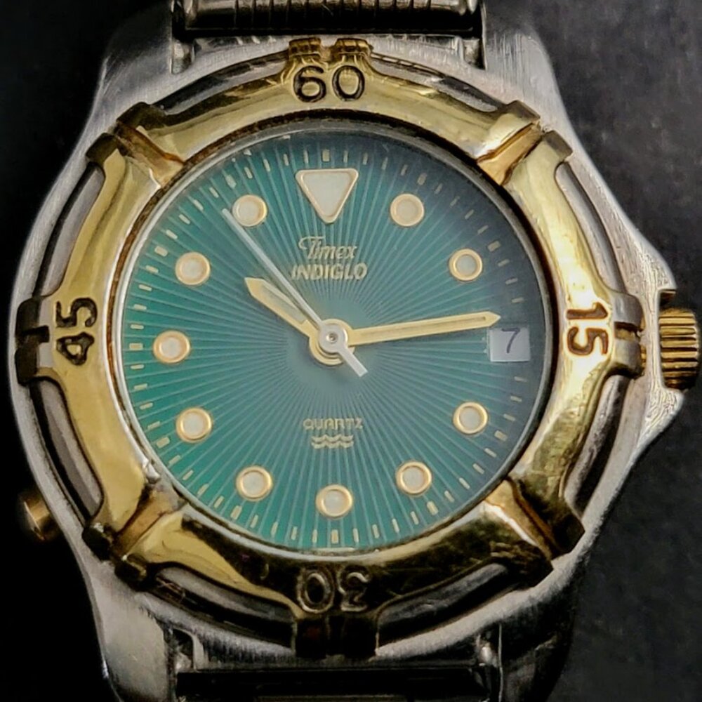 Custom Vintage Women’s Timex Indiglo – Green Dial – Restored Brass Bezel